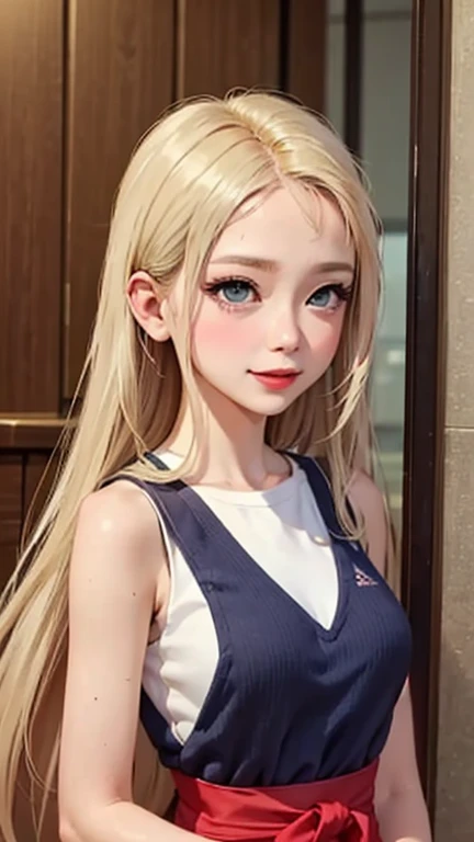 blush a little and smile, (Top quality masterpiece:1.2) Delicate illustrations, Very detailed, /Beautiful Japanese Women、1 person,Very cute and slim、Great style 、((8K images、super high quality))、Very delicate face, Skin and Hair、beautifule forehead、Red lipstick、(((((Mid-length hair、Blonde、lure))))),Very cute Japanese cut face、Eyes and nose are clearly visible、Kind eyes,((((Sleeveless fashion))))