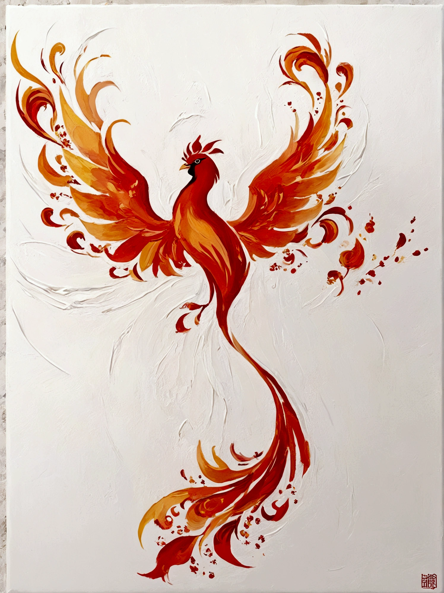 Phoenix,火Phoenix,flame,Chinese elements,color,Perfect proportion,symmetry,vanilla,bright,White background,real,emotion,Thick textured paint,