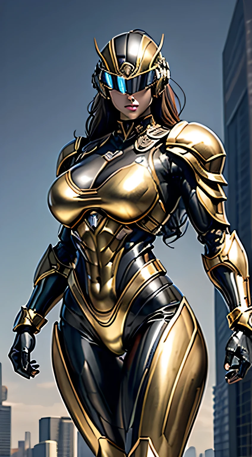 Female Robocop Solo、Bright outdoors、strong light source、8K, high quality, masterpiece, 最high quality, Crisp contrast、Very detailed、Full body armor、Very large armor、Helmet covering the head、Clear photos、His eyes are hidden by thin straight goggles:1.3、The lower half of the face is raw々Shii:1.5、The lower half of the face is exposed、Seductive lips、Black metallic armor、Gold accents、Armor that completely covers the chest、Long, slender legs、Vibrant Posselo Body View,Big and ample breasts:1.5, (Sports Body:1.5)、Five Fingers、Hold a handgun、In the city