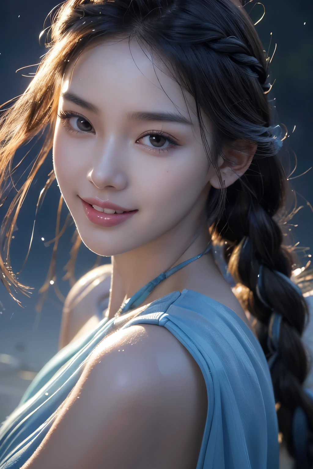 close up, masterpiece, super detailed face in each part as bright surreal smooth skin and white teeth, sexy girl with long legs sensual, godness with braids and sexy blue dress standing in the light rain, extremely beautiful young woman, super detailed face, attractive smile, fantasy eyes, smooth skin, Davinci digital artwork, masterpiece skin, 8K.