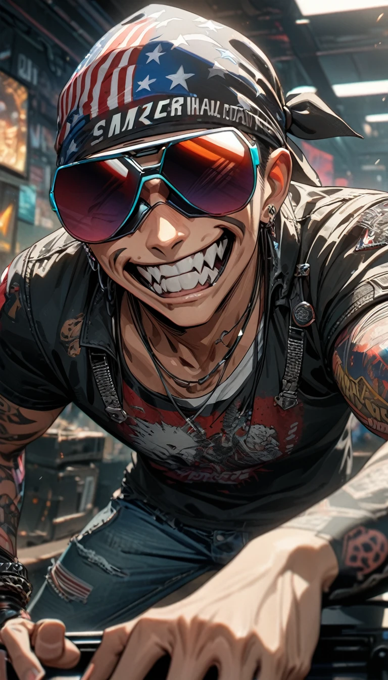 Adult man, punk guy, cyber sunglasses, fangs, smirk, American print on bandana, cyber arms, cyber torso, jeans, Masterpiece, best quality, Full HD, 8k, ultra details, great graphic