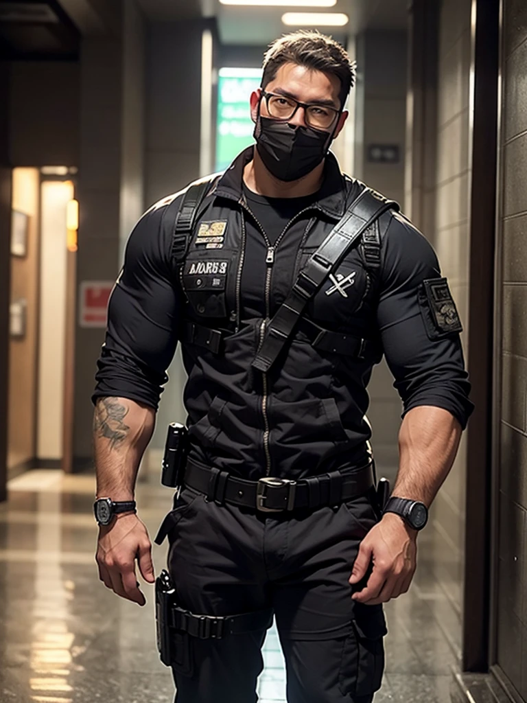 george pei, 1boy, solo, 40 years old male, mature male, masterpiece, round face, short beard, stumble, glasses, big chest, big abs, muscular, In the hallway there is a man in a mask and a gun, bank heist movie, stealth suit, 3 D rendered character art 8 K, cyberpunk street thug, bank robbery movie, avant-garde teen assassin, security agent, Jetstream Sam from Metal Gear Solid, bank robbery, Metal Gear solid style, badass anime 8 K, background of Resident Evil game, video game characters, money grab