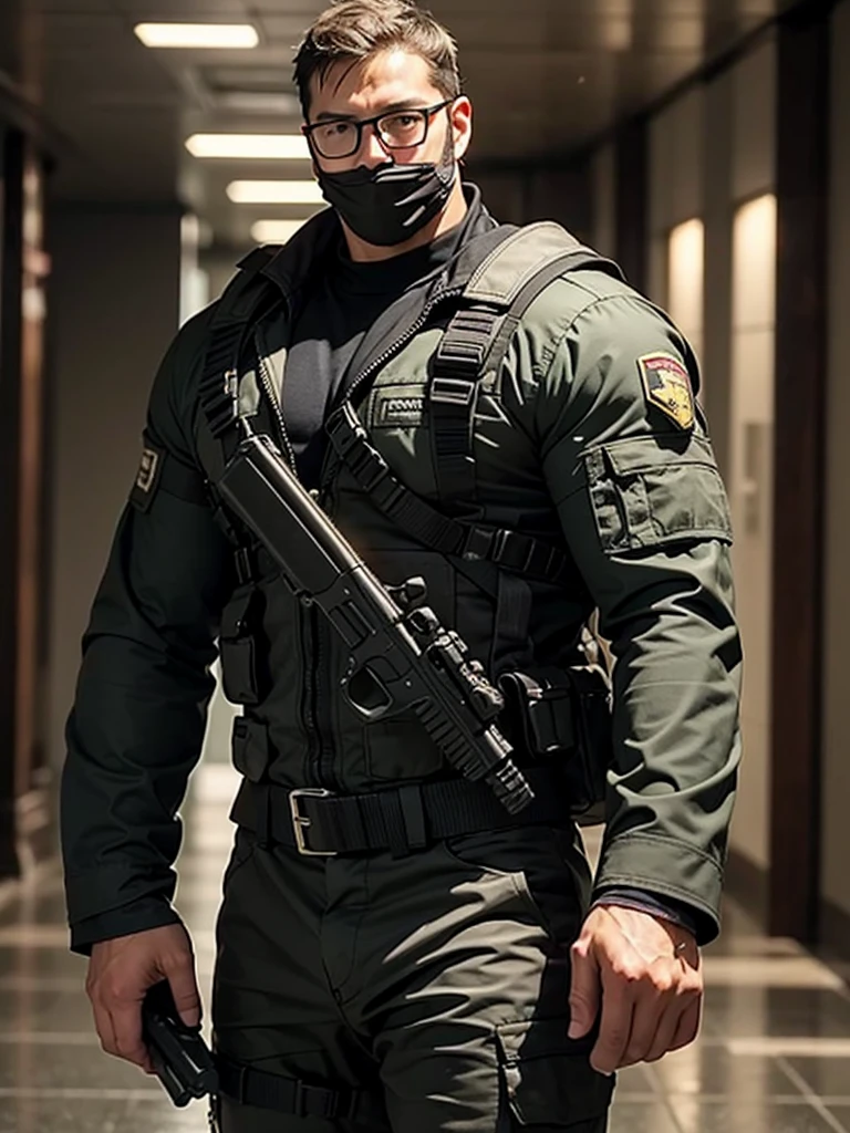 george pei, 1boy, solo, 40 years old male, mature male, masterpiece, round face, short beard, stumble, glasses, big chest, big abs, muscular, In the hallway there is a man in a mask and a gun, bank heist movie, stealth suit, 3 D rendered character art 8 K, cyberpunk street thug, bank robbery movie, avant-garde teen assassin, security agent, Jetstream Sam from Metal Gear Solid, bank robbery, Metal Gear solid style, badass anime 8 K, background of Resident Evil game, video game characters, money grab