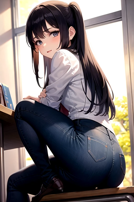 girl at school, in tight jeans, Very nervous, brazilian school report