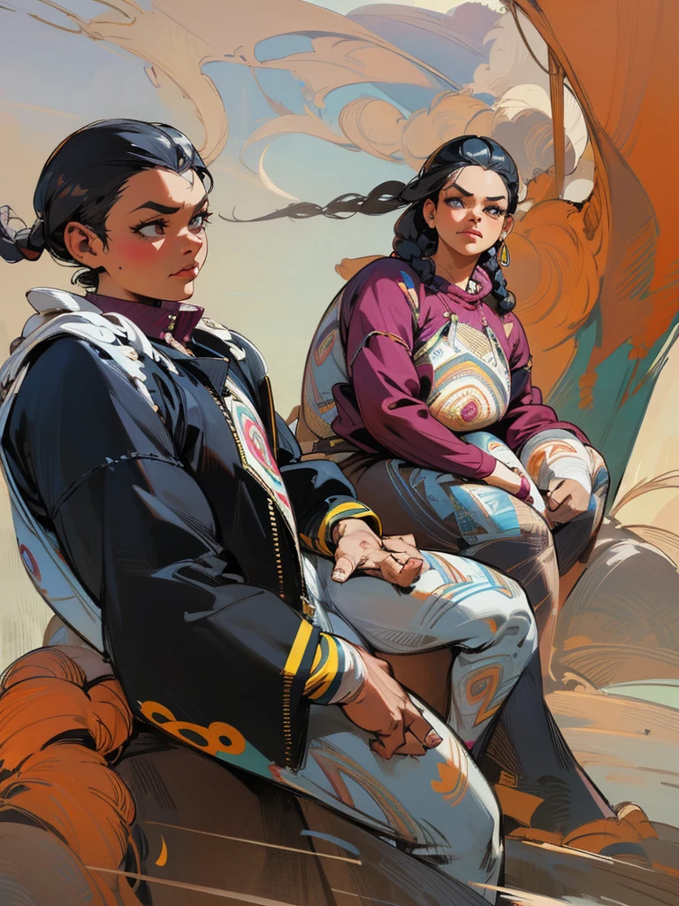 stunning digital illustration of a 35yo aboriginal woman flaunting her phenomenal detailed accentuated big booty, gorgeous, ample curvaceous, thick thighs, great aesthetics, posing, long braided hair, alluring, sultry facial expression, natural colors, highly detailed, ultra detailed, award winning details, unforgettable, very intricate, niji style, comic style, anime style
