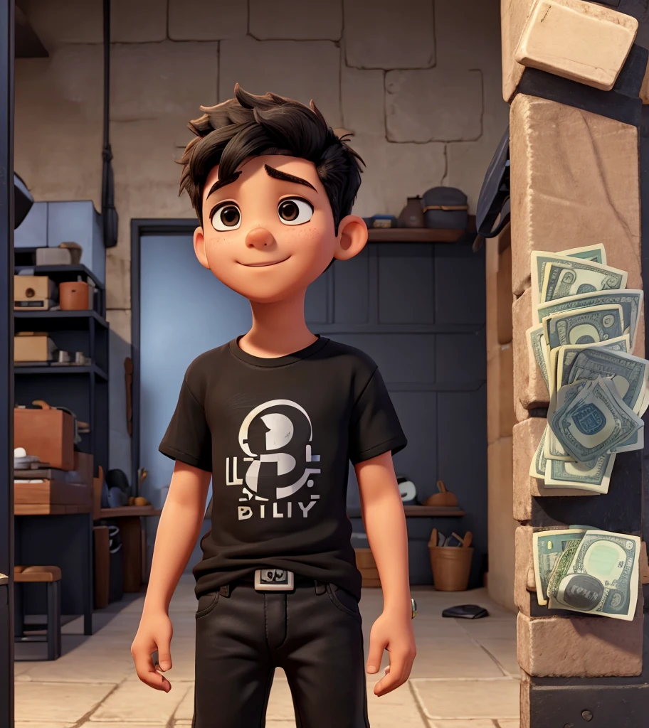 young boy black T-shirt open his wallet and money