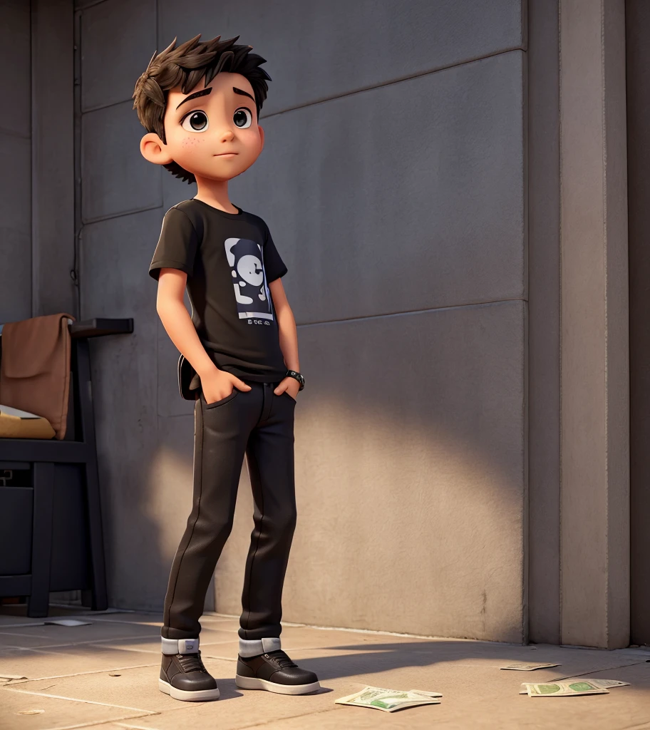 young boy black T-shirt open his wallet and money