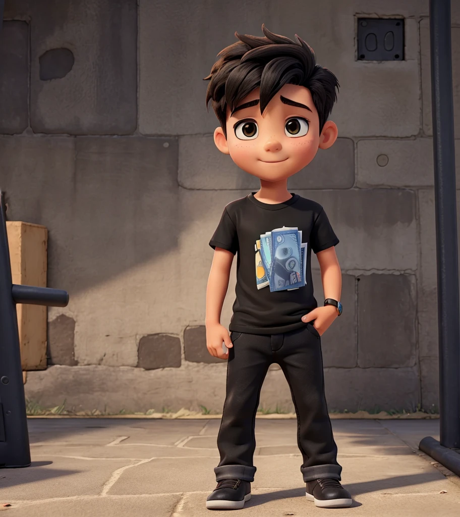 young boy black T-shirt open his wallet and money