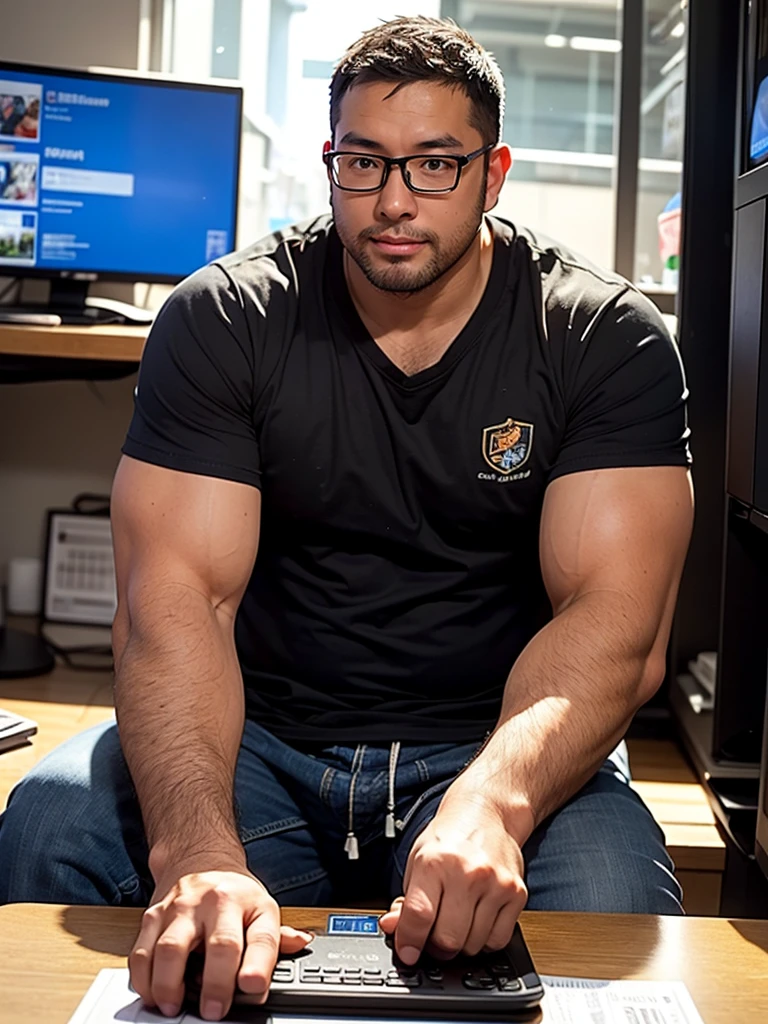 (Best quality: 1.0), (Super High Resolution: 1.0), george pei, 1boy, solo, 40 years old male, mature male, masterpiece, round face, short beard, stumble, glasses, big chest, big abs, muscular, sitting in front of computer playing games, background in esports room,