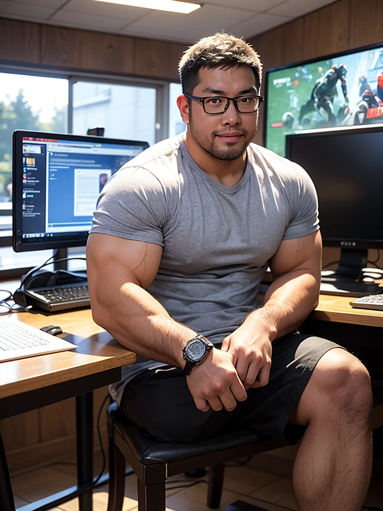 (Best quality: 1.0), (Super High Resolution: 1.0), george pei, 1boy, solo, 40 years old male, mature male, masterpiece, round face, short beard, stumble, glasses, big chest, big abs, muscular, sitting in front of computer playing games, background in esports room,