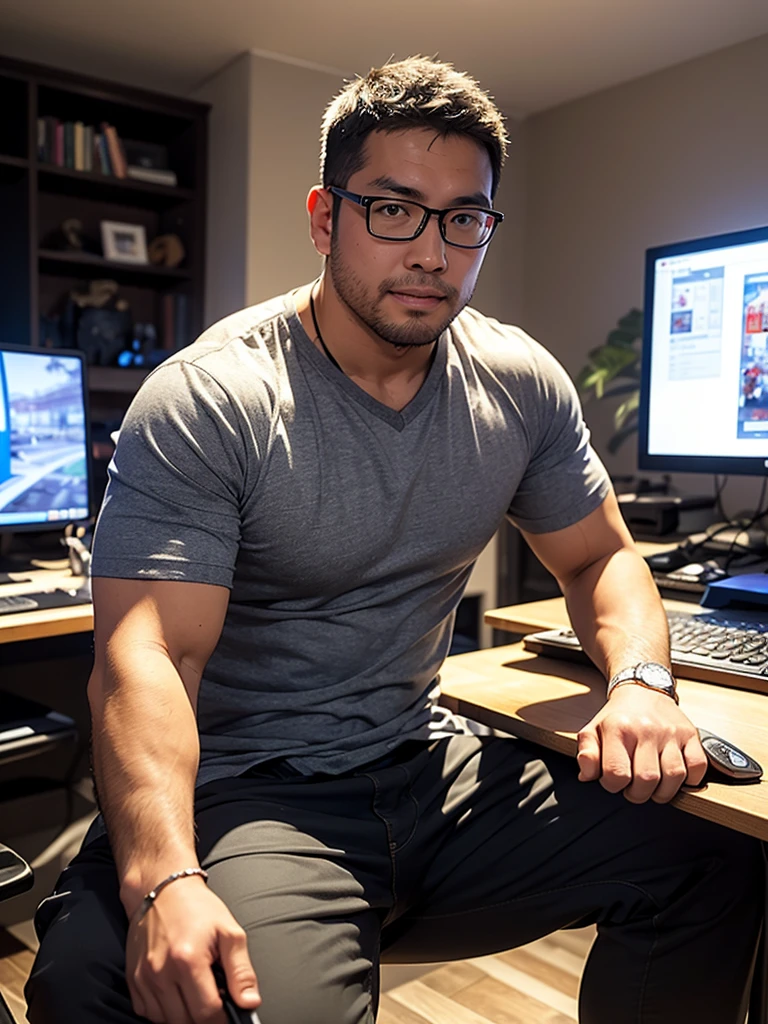 (Best quality: 1.0), (Super High Resolution: 1.0), george pei, 1boy, solo, 40 years old male, mature male, masterpiece, round face, short beard, stumble, glasses, big chest, big abs, muscular, sitting in front of computer playing games, background in esports room,