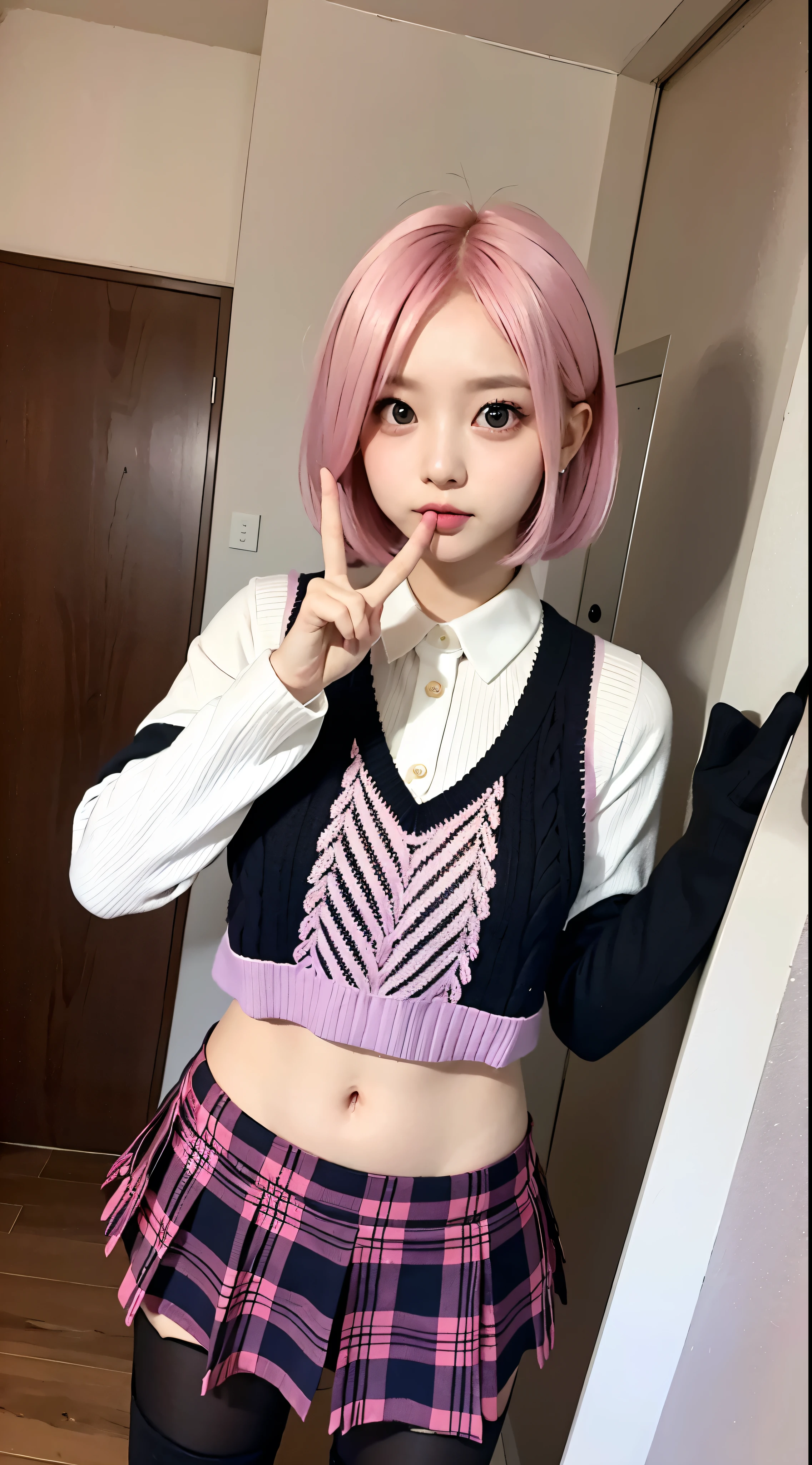 ph momo、momohd、phmomo、solo、1girl、Pink Hair、Purple Eyes、Short Hair、Hair Flowers、Sweater vest、Beautiful eyes、Plaid Skirt、Black thighaking a peace sign、Embarrassing