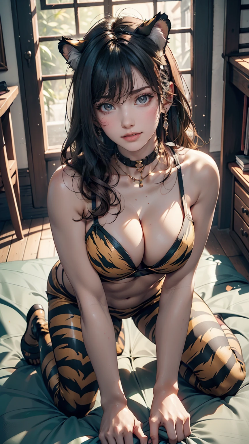 19-year-old female、Hair color is gradient color、Wear a tiger print bodysuit、Nyaと招き猫ポーズ、On all fours、Sexy、Cleavage Emphasis、Oblique view from above、「Nya」and squeal、Pastel green ground、Wear a collar-like choker