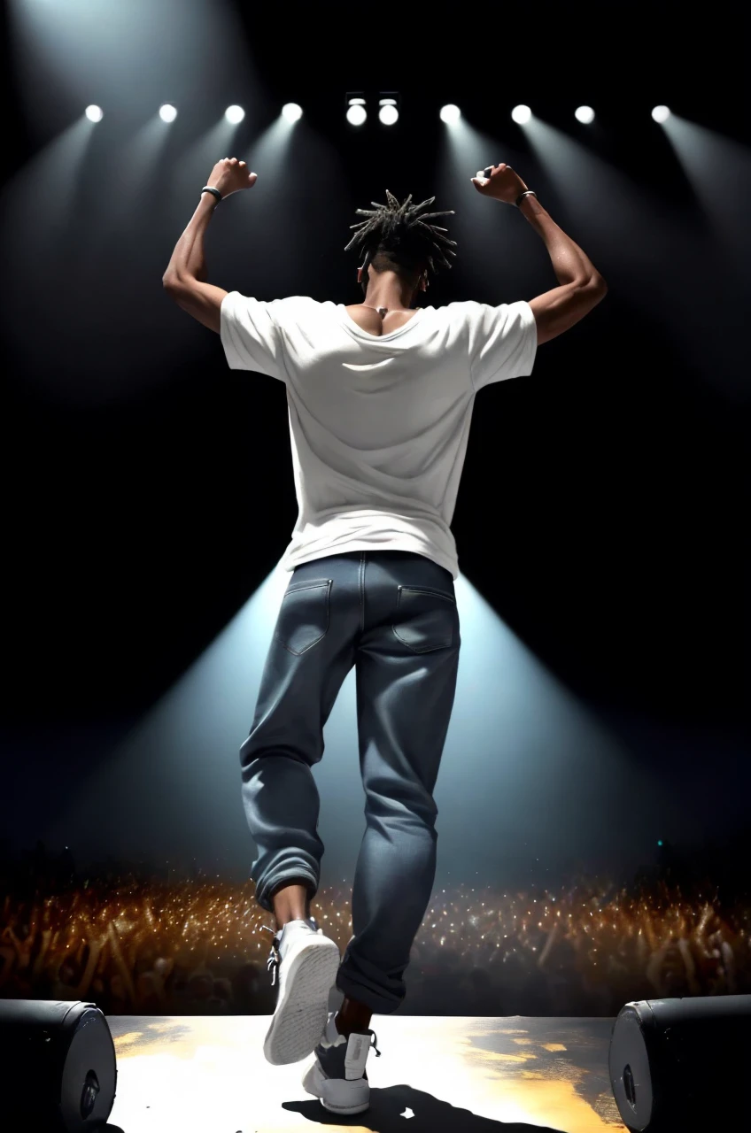 a handsome Black man in a black durag, loose white t-shirt, baggy jeans, and high-top sneakers, holding a microphone and standing on a concert stage,dramatic lighting effects casting shadows and highlights, an excited cheering crowd in the background with blurred faces, dynamic composition, vivid colors, (best quality,4k,8k,highres,masterpiece:1.2),ultra-detailed,(realistic,photorealistic,photo-realistic:1.37),HDR,UHD,studio lighting,ultra-fine painting,sharp focus,physically-based rendering,extreme detail description,professional,vivid colors,bokeh,concept art,digital illustration,dynamic performance,energetic atmosphere