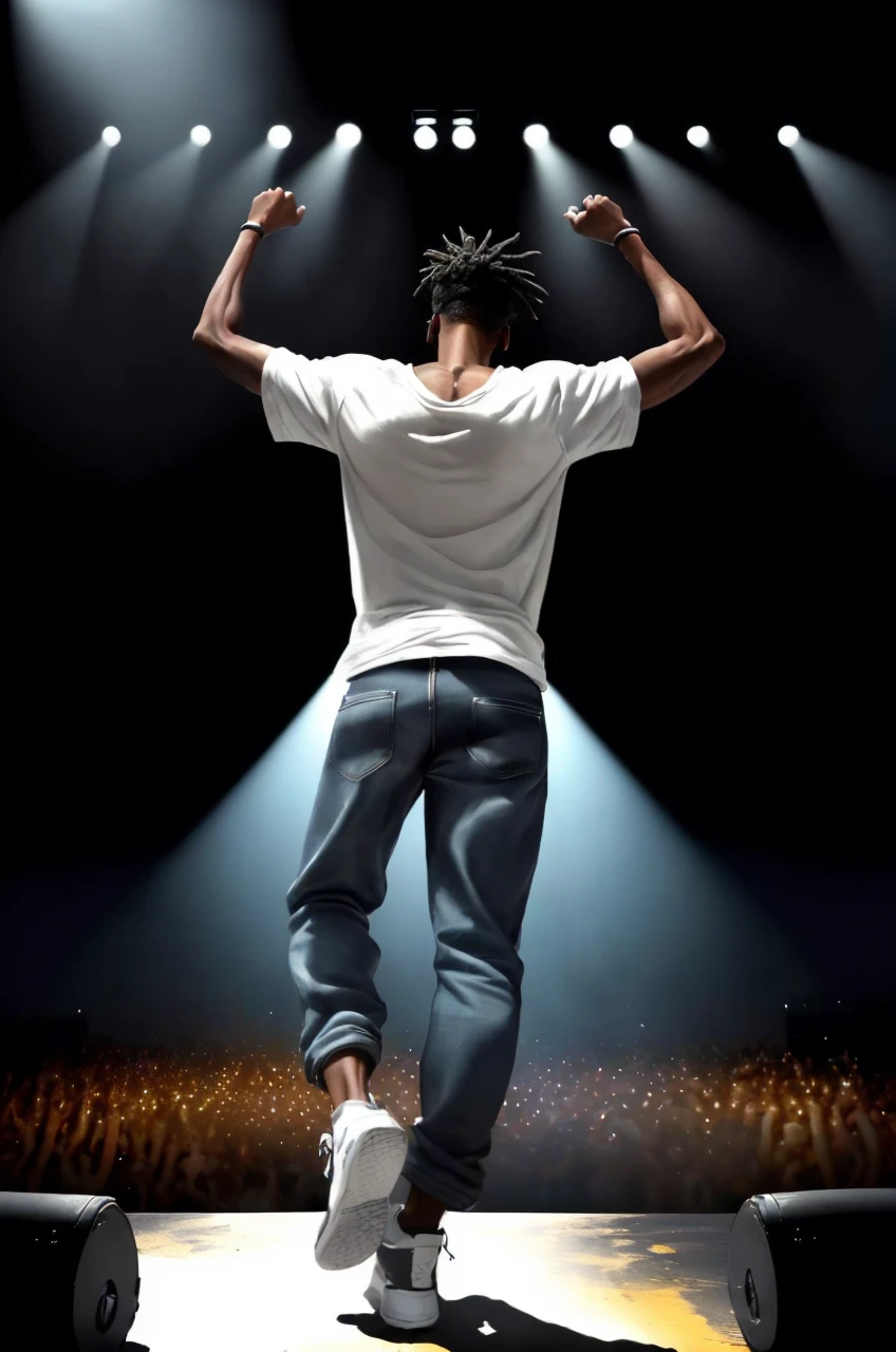 a handsome Black man in a black durag, loose white t-shirt, baggy jeans, and high-top sneakers, holding a microphone and standing on a concert stage,dramatic lighting effects casting shadows and highlights, an excited cheering crowd in the background with blurred faces, dynamic composition, vivid colors, (best quality,4k,8k,highres,masterpiece:1.2),ultra-detailed,(realistic,photorealistic,photo-realistic:1.37),HDR,UHD,studio lighting,ultra-fine painting,sharp focus,physically-based rendering,extreme detail description,professional,vivid colors,bokeh,concept art,digital illustration,dynamic performance,energetic atmosphere