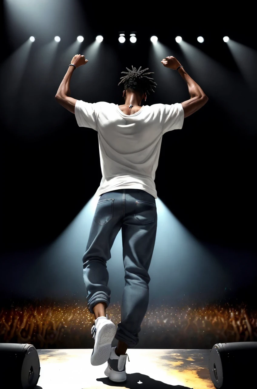 a handsome Black man in a black durag, loose white t-shirt, baggy jeans, and high-top sneakers, holding a microphone and standing on a concert stage,dramatic lighting effects casting shadows and highlights, an excited cheering crowd in the background with blurred faces, dynamic composition, vivid colors, (best quality,4k,8k,highres,masterpiece:1.2),ultra-detailed,(realistic,photorealistic,photo-realistic:1.37),HDR,UHD,studio lighting,ultra-fine painting,sharp focus,physically-based rendering,extreme detail description,professional,vivid colors,bokeh,concept art,digital illustration,dynamic performance,energetic atmosphere