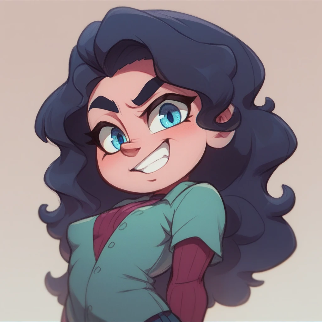 Ralph Bakshi Style, Curvy blue eyed girl with long wavy black hair and small breasts, (cruel_expression):3.0, shortstack