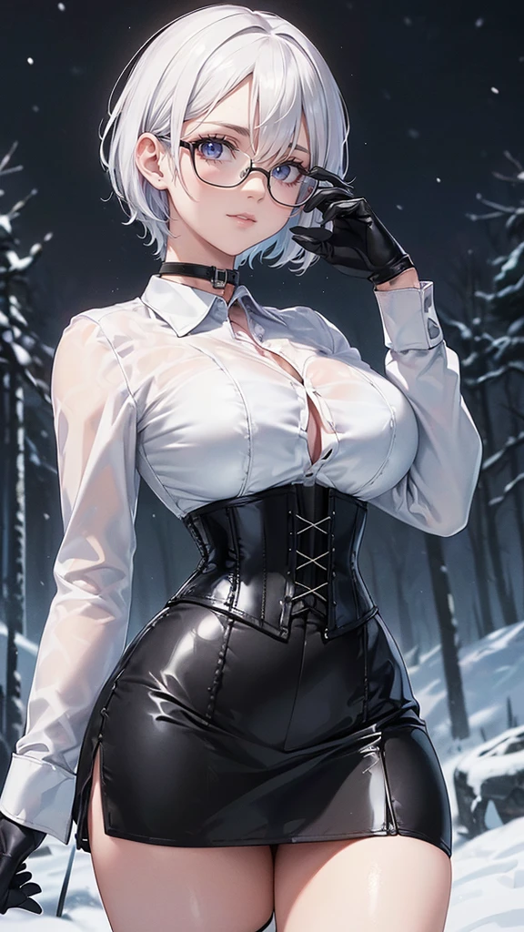 Masterpiece, Best Quality, (perfect anatomy,realist:1.3, view from front, facial focus,(without looking at the viewer:1.2), (1 girl in:1), 1 woman, (big breasts:1.2), sexy body, thin waist, Attractive front curves, round and soft chest, disgusted face, (black fur:1.6, short hair), evening, Heavy Rain, exterior, City, crop top, he wears transparent glasses, choker 1:6, (White long sleeve collar shirt:1.4), (corset black leather), black gloves covering up to the elbow, (shiny black tight mini skirt), blood stains, snowy dark forest, snow, night sky, Atmosphere, perfect hands