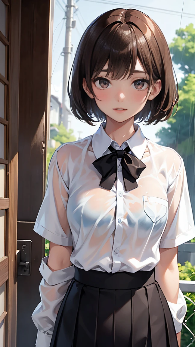 (One woman), short bob, 18 years old, Japanese, brown eyes, brown hair, slim figure, flat chest, high school girl, school summer uniform
Blake
Facial expression and background
Her whole body got wet from a sudden rain, and her blouse became transparent, giving a faint glimpse of her bra