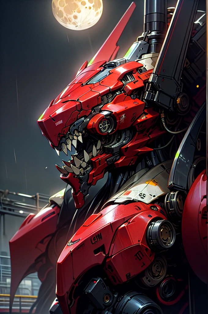 RAW photo, photography, sharp focus, (masterpiece),((ultra-detailed)), (ultra realistic), (highly detailed CG illustration), (huge moon in the background:1.2), (evil mecha:1.2), epic pose, ((black color with red accents)), rain, rainy weather, natural lighting, (close up), (eye level), volumetric light, (guns), looking at viewer,