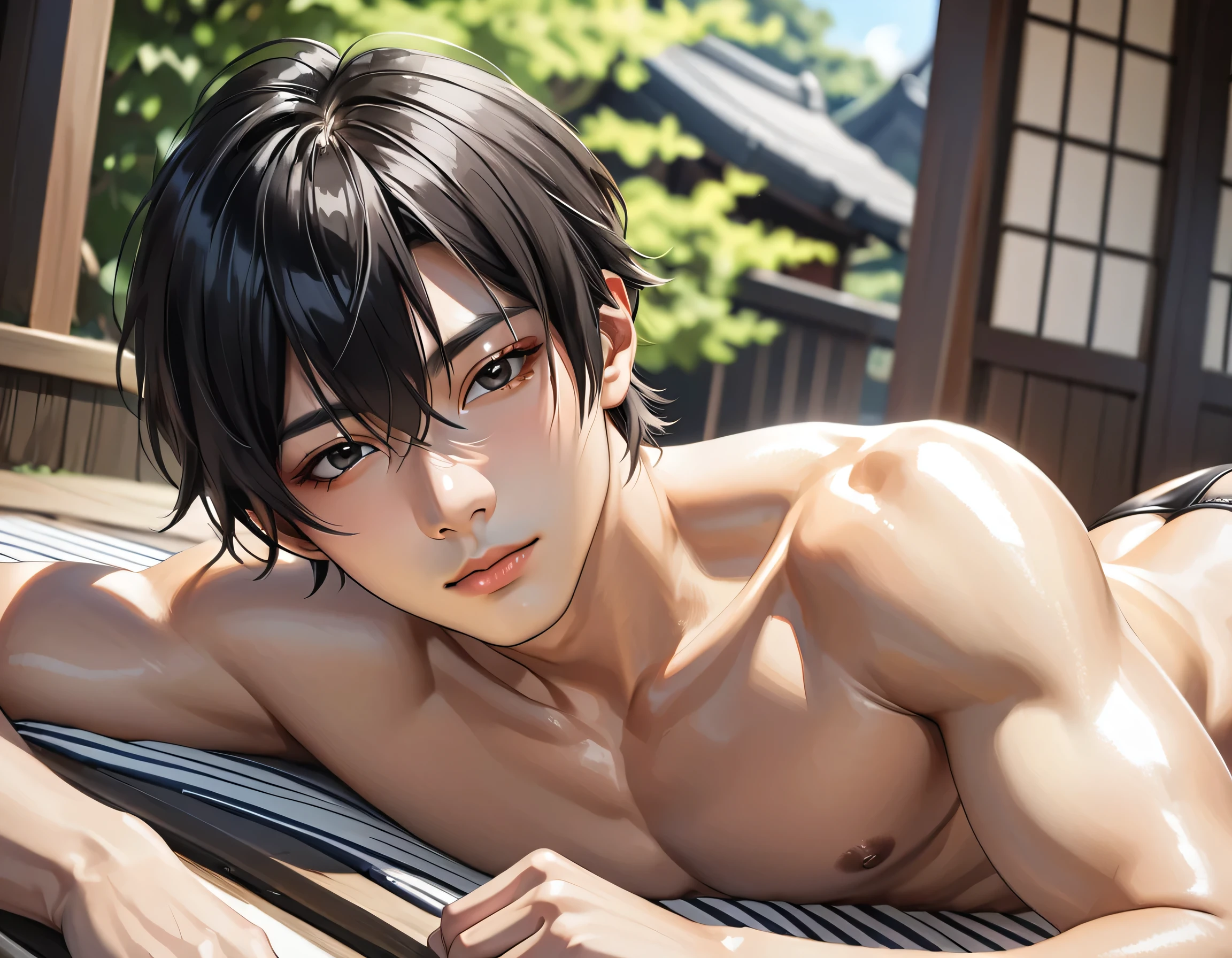 high quality, detailed, Realistic, (one 16 years old japanese boy), (detailed black eyes), (abs:0.7), (shiny skin), detailed nipples, black hair, (black tiny thong), (erected bulge), summer noon, (smile:0.7), close up face, laying on my side shot,