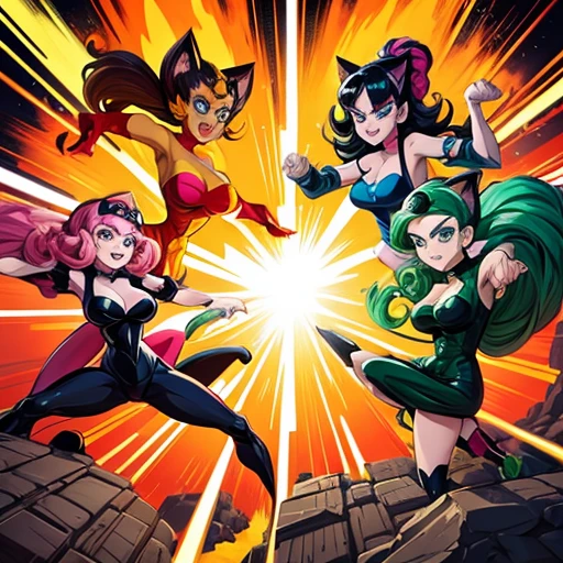 Adult Powerpuff Girls. Cat Costume. Battle in the volcano. A crazy monkey is hitting them