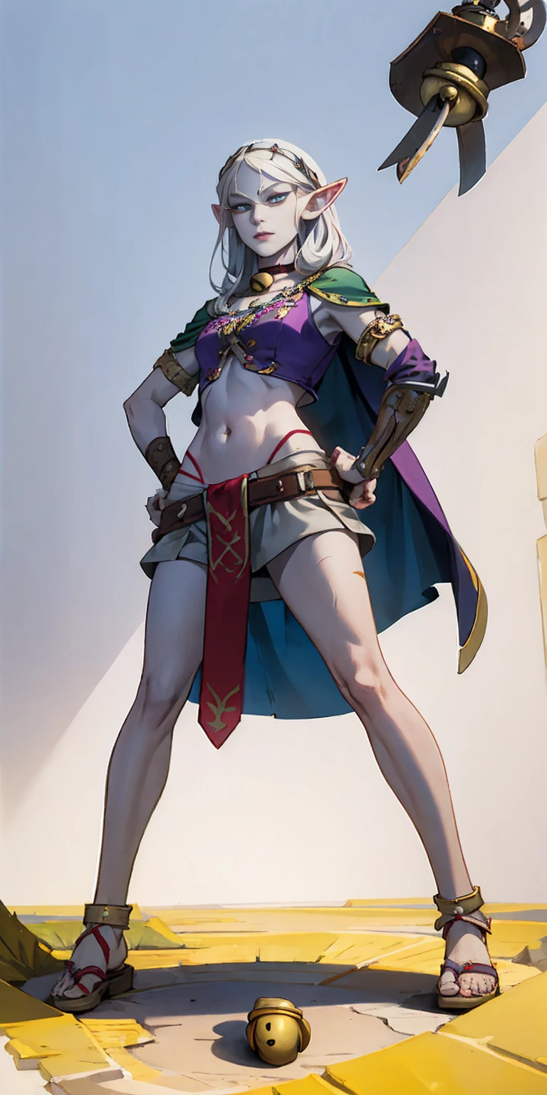 full body, whole body. loincloth standing, hands on hips full body, 1solo (girl). slave fighter, metal sandals, choker, big belt, view from below, feet together, bracers, tiara