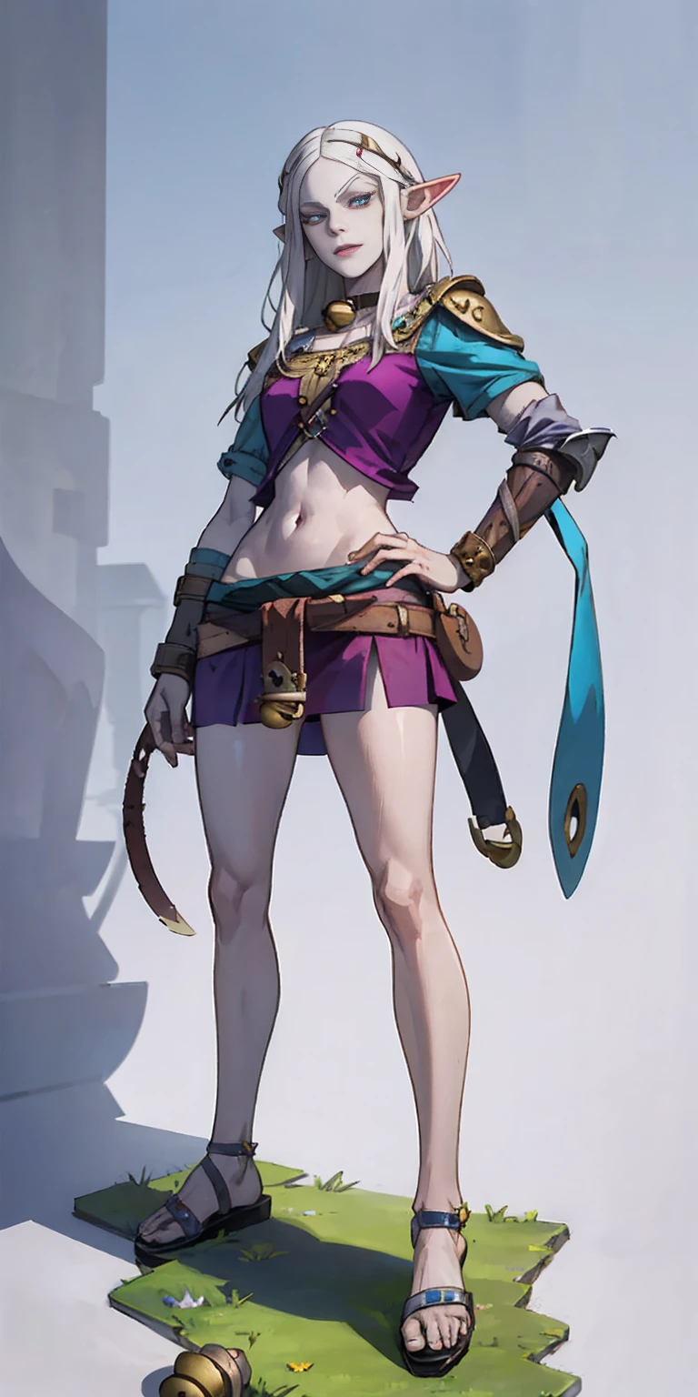 female drow elf blue pale skin full body whole body 1sologirl loincloth standing warrior proud expression, hands on hips, loincloth standing, hands on hips, metal sandals, leather choker with golden bell bellybutton navel, leather corset, big belt, view from below, feet together, bracers, tiara