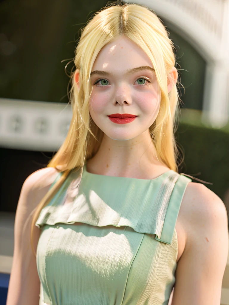 Elle Fanning nue dans une veranda avec des monstera.