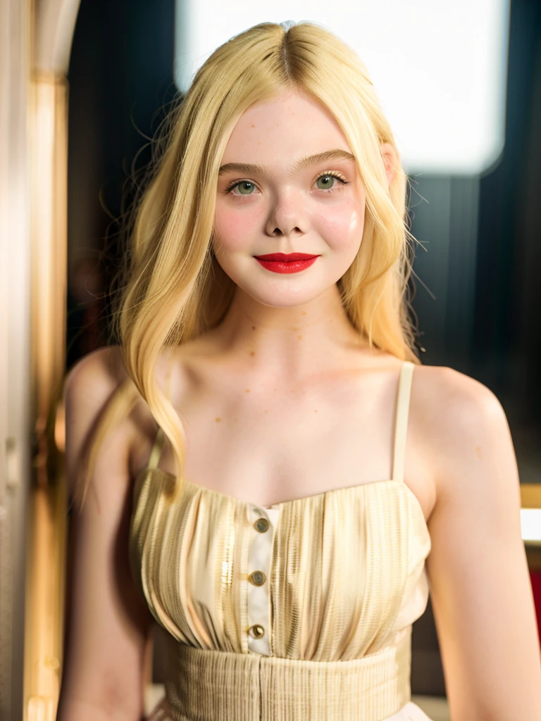 Elle fanning moles face red lip Realistic photo of a beautiful 3ll3f4n woman, 1girl, solo, long hair, looking at viewer, smile, (((blonde hair))), shirt, upper body, blurry, lips, makeup, blurry background, lipstick, realistic, red lips, soft lighting, professional Photography, Photorealistic, detailed, RAW, analog, sharp focus, 8k, HD, DSLR, high quality, Fujifilm XT3, film grain, award winning, masterpiece