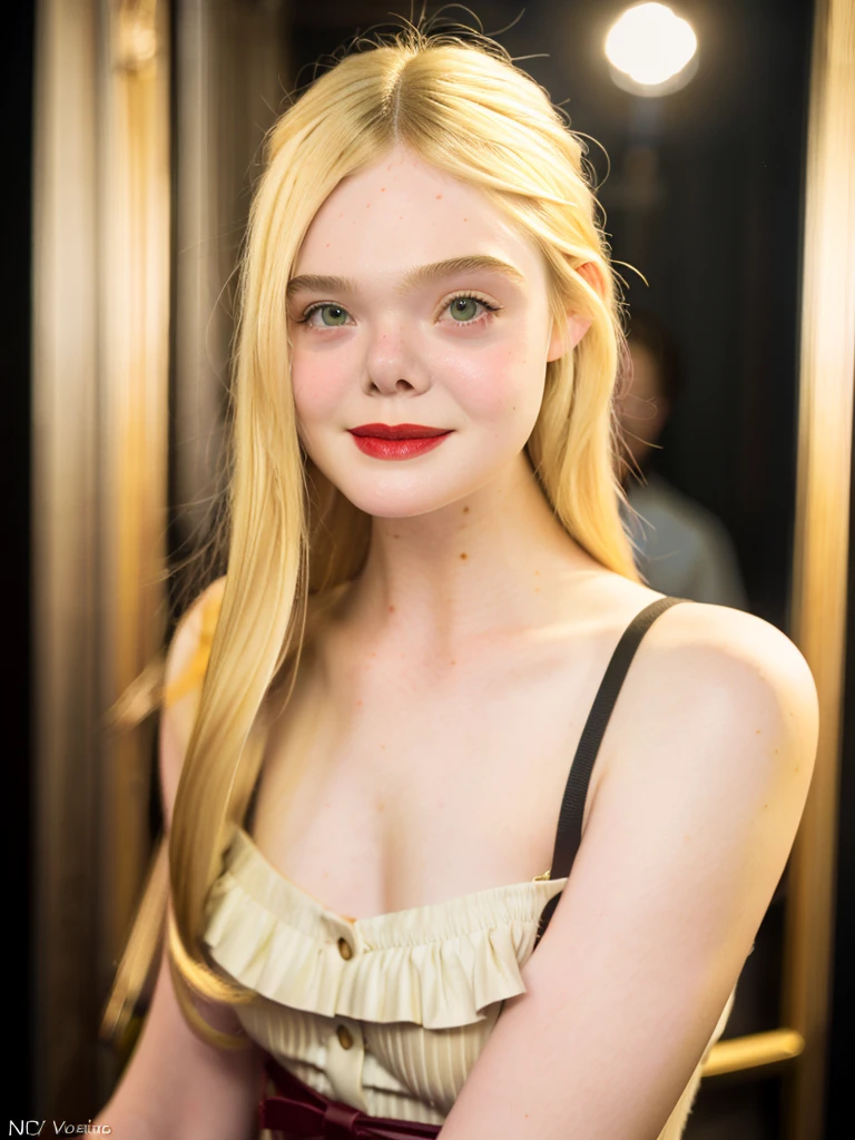 Elle fanning moles face red lip Realistic photo of a beautiful 3ll3f4n woman, 1girl, solo, long hair, looking at viewer, smile, (((blonde hair))), shirt, upper body, blurry, lips, makeup, blurry background, lipstick, realistic, red lips, soft lighting, professional Photography, Photorealistic, detailed, RAW, analog, sharp focus, 8k, HD, DSLR, high quality, Fujifilm XT3, film grain, award winning, masterpiece