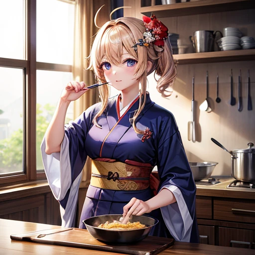 masterpiece, Highest quality, High resolution, 1girl 22 Ahoge Hair Accessory, Cooking katsudon in a kimono ノースリーブ