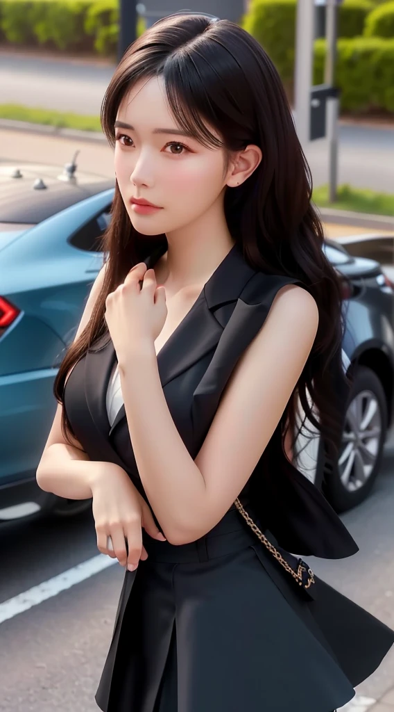 best quality, masterpiece, 1girl, Beautiful face, (photo realistic:1.3), rim lighting, (high detailed skin:1.2), 8k uhd, dslr, high quality, high resolution, 4k, 8k, Bokeh, absurdres, best ratio four finger and one thumb, (realistic:1.3), cute 1girl, wearing black formal blazer, medium breasts, short skirt,
