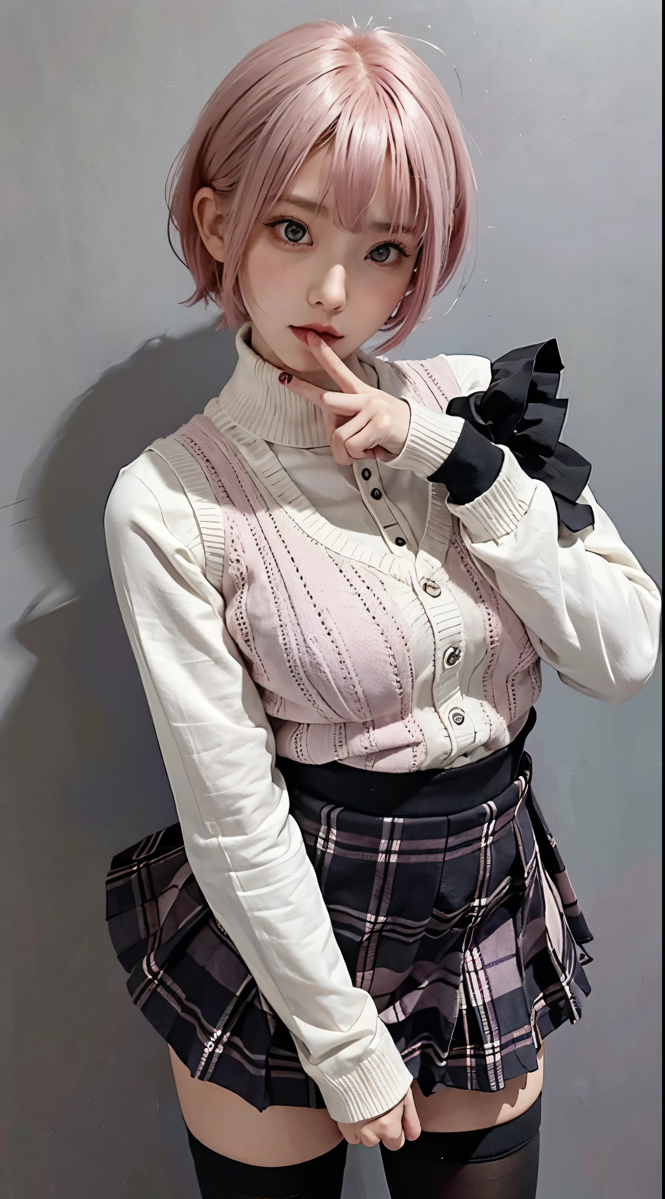 ph momo、momohd、phmomo、solo、1girl、Pink Hair、Purple Eyes、Short Hair、Hair Flowers、Sweater vest、Beautiful eyes、Plaid Skirt、Black thighaking a peace sign、Embarrassing，Please change the filled area to background.,