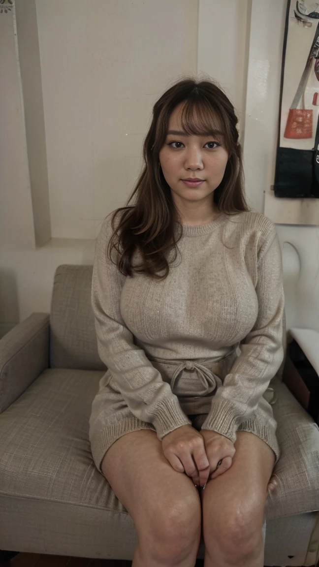 (8k、 of the highest quality、 Masterpiece、 realist、 super detailed:1.3)、(photorealistic:1.2)、((Long knitted sweater))、((beautiful japanese woman))、a woman、light brown hair、big breasts、smart body、risa、Very detailed face、detailed eye、(sitting in a chair) big fat girl, with overweight, has pansa 