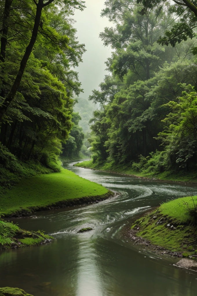 A scene of rain in green nature besides a narrow stilled water river in 8K quality