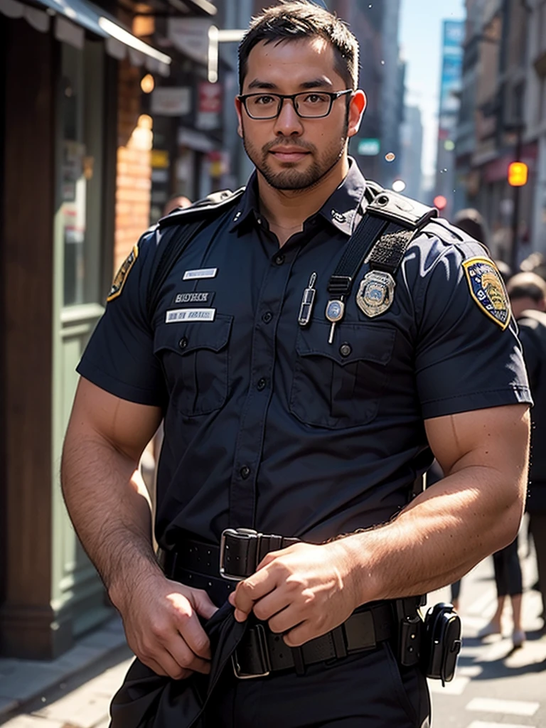 An award-winning original photo，A wild muscular man, (30 years old daddy:1.3), 1boy, Solo, (((round face))), (((short black hair))), asian mixed, black eyes, (big shoulders), musculature, stubbles, Short beard, Beautiful eyes:1.3, (Detailed face:1.3), wearing glasses, Dynamic Angle, volumetric lighting, (Best quality, A high resolution, Photorealistic), Cinematic lighting, Masterpiece, RAW photo, Intricate details, hdr, depth of field, ((masterpiece)), ((best quality:1.2)), High Resolution, 8k, (ultra_realistic:1.3), (photorealistic:1.4), sharp focus, 4K, Ultra HD, 8K, good face, ((best quality)), ((masterpiece)), (detailed), full body, Create a realistic image of a police officer performing his patrol duties. The scene should be ultra-realistic, with a high level of detail in the officer and the surrounding environment. The officer's alertness should add a serious element to the scene. The lighting should be bright and direct, illuminating the scene and casting dramatic shadows. The colors should be a mix of the cool blues and blacks of the officer's uniform, the colors of the cityscape, and the natural hues of the day. The composition should be a close-up shot of the officer, with the cityscape visible in the background. Use a high-resolution camera with a fast shutter speed to capture the action, landscape