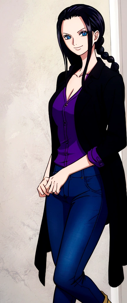 Nico robin, 1girl, solo, looking at viewer, cowboy shot, smiling, black hair, open hair, braided hair, pirate, blue cerulean eyes, one piece nico robin, blue full jeans, purple shirt, black open coat, luxury room background