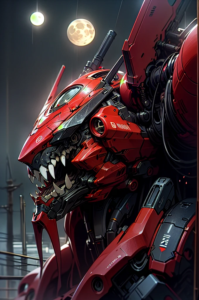 RAW photo, photography, sharp focus, (masterpiece),((ultra-detailed)), (ultra realistic), (highly detailed CG illustration), (huge moon in the background:1.2), (evil mecha:1.2), epic pose, ((black color with red accents)), rain, rainy weather, natural lighting, (close up), (eye level), volumetric light, (guns), looking at viewer, 