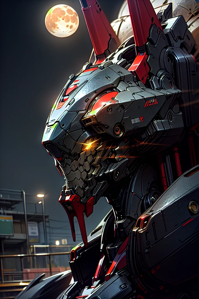 RAW photo, photography, sharp focus, (masterpiece),((ultra-detailed)), (ultra realistic), (highly detailed CG illustration), (huge moon in the background:1.2), (evil mecha:1.2), epic pose, ((black color with red accents)), rain, rainy weather, natural lighting, (close up), (eye level), volumetric light, (guns), looking at viewer,