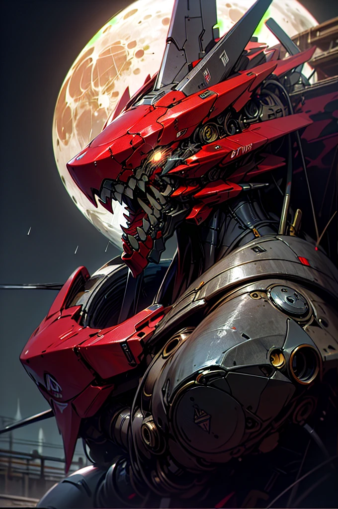 RAW photo, photography, sharp focus, (masterpiece),((ultra-detailed)), (ultra realistic), (highly detailed CG illustration), (huge moon in the background:1.2), (evil mecha:1.2), epic pose, ((black color with red accents)), rain, rainy weather, natural lighting, (close up), (eye level), volumetric light, (guns), looking at viewer,