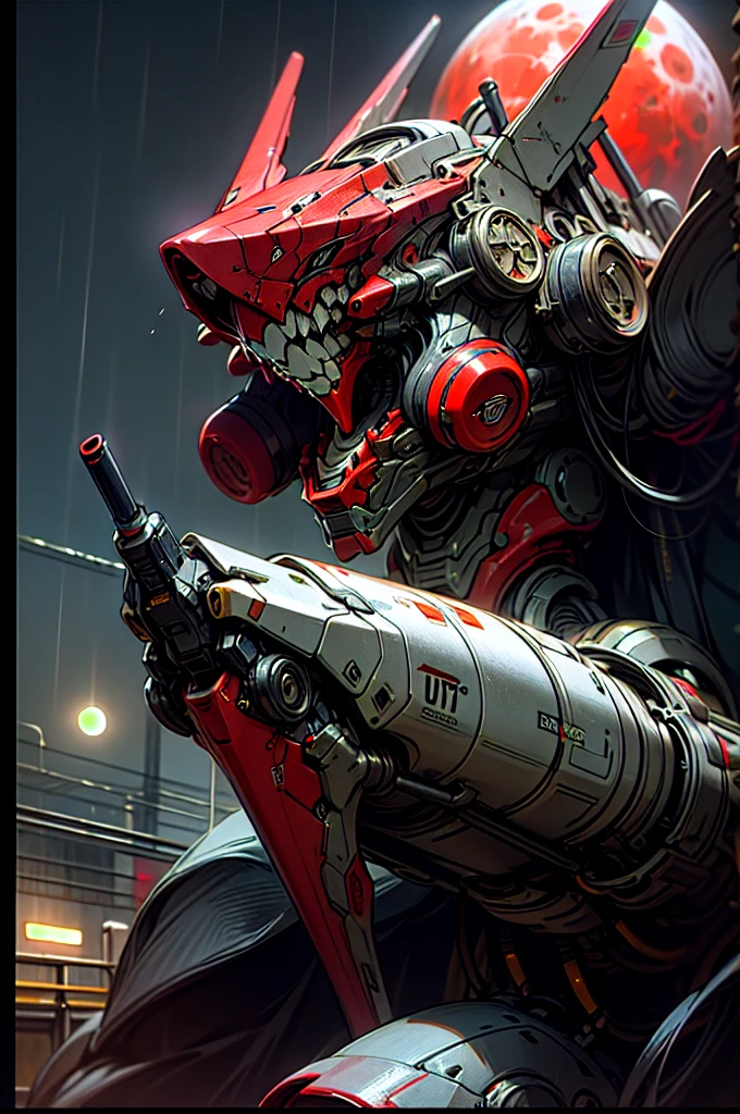 RAW photo, photography, sharp focus, (masterpiece),((ultra-detailed)), (ultra realistic), (highly detailed CG illustration), (huge moon in the background:1.2), (evil mecha:1.2), epic pose, ((black color with red accents)), rain, rainy weather, natural lighting, (close up), (eye level), volumetric light, (guns), looking at viewer,