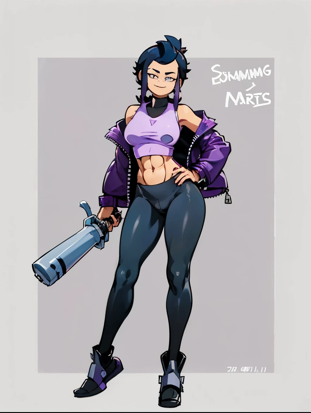 (((My Hero Academia Style))), (((Bibi))), (((Brawl Stars))), (((Wide hips))), (((wide thighs))), (((medium breasts))), (((blue spiked leather jacket))), (((blue leather jacket))), (( (leather jacket with spikes))), (((lilac top tank))), (((top tank))), (((Abs))), (((exposed abdomen))), (((marked abdomen))), (((tight leggings black))), (((tight leggings))), (((black leggings))), (((baseball bat))), (((Holding a baseball bat))), (((holding a bat))), (((shark smile))), (((lilac eyes))), (((evil smile))), (((traditional black slippers))), (((black slippers))), (((traditional slippers))), (((hair black))), (((pompadour hairstyle))), (((black hair pompadour hairstyle))), (((perfect anatomy))), (((perfect hands))), (((super detailed))), ( ((full body photo:1.5))), 