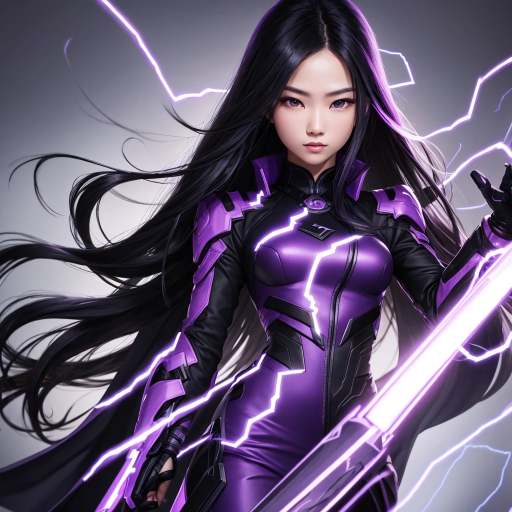 Black nad purple coat, mid long black hair beautiful asian women, with a metal arm purple lightning 