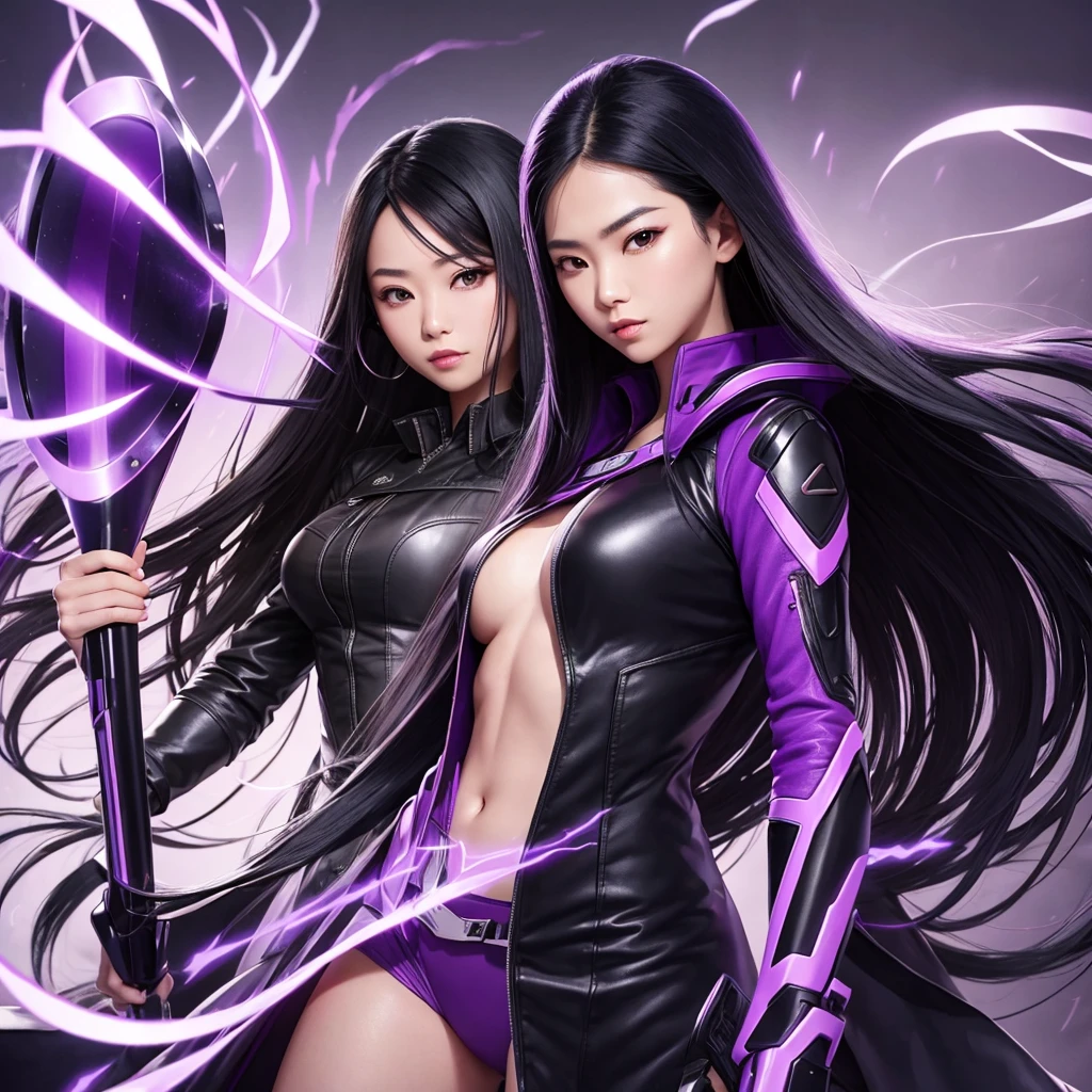 Black nad purple coat, mid long black hair beautiful asian women, with a metal arm purple lightning