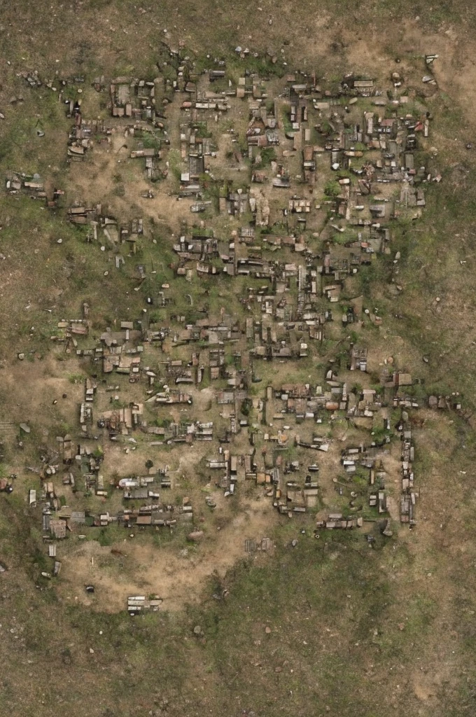 Topography and Terrain:

Desolate Land: The map presents an arid and desolate landscape, with few green areas. the ground is dry and cracked, typical of a post-apocalyptic environment.
Mountains and Hills: Gentle hills and some rugged mountains mark the horizon. The mountains are dark and rough, some with old abandoned mining tunnels.
Sparse Vegetation Areas:

Dead Forests: Small clusters of dead trees and dry bushes, giving a ghostly air to the landscape.
Dry Lakes: Ancient lake beds now dry, with salty and cracked soil.
Urban Infrastructure Buildings:

Skyscraper ruins: Partially destroyed structures of old skyscrapers, with collapsed floors and broken windows.
Sheet Metal Houses: Housing made from recycled metal sheets, assembled in an improvised way and spread throughout the city.
Transport Routes:

Degraded Roads: Old asphalt roads, now potholed and covered in undergrowth.
Collapsed Bridges: Remains of bridges that crossed rivers and valleys, now in ruins and partially collapsed.
Activity Centers Scrap Markets:

Outdoor Markets: Open areas where residents exchange recycled items and mechanical parts, with tents made of worn canvas.
Trade stalls: Small kiosks built with recycled materials, selling everything from canned food to improvised weapons.
residential areas:

Clusters of Shacks: Sets of small improvised houses made of metal and wood, organized in a chaotic manner.
Underground shelters: Entrances to bunkers and underground shelters, where some residents still live to protect themselves from the elements and radiation.
Technology and Innovation Improvised Research Centers:

Recycling Laboratories: Small labs where scientists and engineers work with old technology, trying to create new inventions from scrap.
Repair Offices: Workshops spread across the city, where mechanic