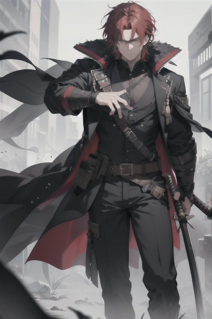 Kaelen Blackthorn stands tall and imposing, his dark red hair combed back neatly, revealing a stern and weathered face marked by the trials of countless battles. His piercing amber eyes, always vigilant, reflect a lifetime of hardship and unwavering determination. A large black coat, reminiscent of a gunslinger’s duster, drapes over his broad shoulders, flowing down to his ankles, adding a mysterious aura to his presence.

Strapped to his side is a sleek Katana, its hilt adorned with intricate carvings of ancient dragons, a symbol of his samurai heritage. Alongside the Katana, a smaller, more utilitarian sword rests, ready for swift, close-quarters combat. His coat subtly conceals the arsenal, yet allows quick access to his weapons, exemplifying the practicality of a seasoned warrior.

Kaelen’s attire combines the ruggedness of a cowboy with the elegance of a samurai. Underneath the coat, he wears a fitted leather vest over a traditional kimono-style shirt, merging functionality with a touch of his ancestral roots. His pants are durable and tailored, tucked into well-worn, high leather boots, ideal for traversing both urban landscapes and rugged terrains.

Adding to his unique appearance, Kaelen’s hands are clad in fingerless gloves, showcasing the calloused and scarred knuckles of a fighter who has seen many close encounters. A distinctive scar runs diagonally across his right cheek, a memento of a duel that almost claimed his life, serving as a constant reminder of the thin line between life and death in his line of work.

With an air of silent confidence and a demeanor that speaks volumes without uttering a word, Kaelen Blackthorn embodies the perfect fusion of cowboy grit and samurai honor, making him a formidable and unique mercenary in any realm.