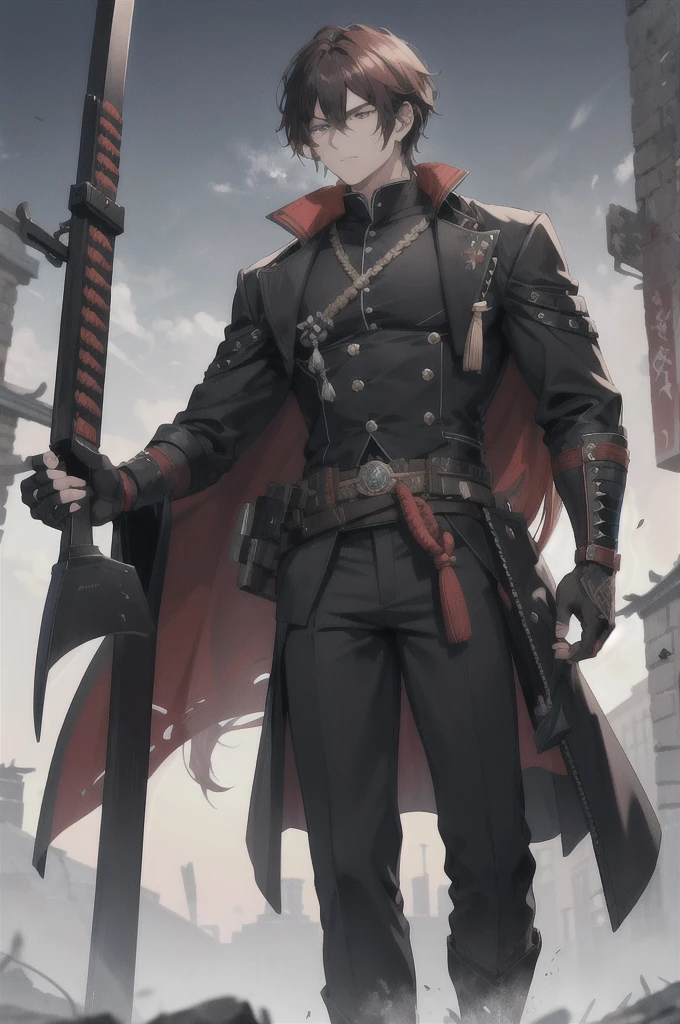 Kaelen Blackthorn stands tall and imposing, his dark red hair combed back neatly, revealing a stern and weathered face marked by the trials of countless battles. His piercing amber eyes, always vigilant, reflect a lifetime of hardship and unwavering determination. A large black coat, reminiscent of a gunslinger’s duster, drapes over his broad shoulders, flowing down to his ankles, adding a mysterious aura to his presence.
Strapped to his side is a sleek Katana, its hilt adorned with intricate carvings of ancient dragons, a symbol of his samurai heritage. Alongside the Katana, a smaller, more utilitarian sword rests, ready for swift, close-quarters combat. His coat subtly conceals the arsenal, yet allows quick access to his weapons, exemplifying the practicality of a seasoned warrior.
Kaelen’s attire combines the ruggedness of a cowboy with the elegance of a samurai. Underneath the coat, he wears a fitted leather vest over a traditional kimono-style shirt, merging functionality with a touch of his ancestral roots. His pants are durable and tailored, tucked into well-worn, high leather boots, ideal for traversing both urban landscapes and rugged terrains.
Adding to his unique appearance, Kaelen’s hands are clad in fingerless gloves, showcasing the calloused and scarred knuckles of a fighter who has seen many close encounters. A distinctive scar runs diagonally across his right cheek, a memento of a duel that almost claimed his life, serving as a constant reminder of the thin line between life and death in his line of work.
With an air of silent confidence and a demeanor that speaks volumes without uttering a word, Kaelen Blackthorn embodies the perfect fusion of cowboy grit and samurai honor, making him a formidable and unique mercenary in any realm.