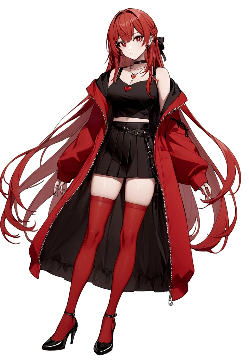 a girl with a red skirt and a black skirt that is under the red shirt . red stockings . red zip up hoodie, black shirt underneath  and ,red hair, long hair and a black bow on the side of the hair and red eyes has a black Choker  , and a red small heart necklace ,  has a black waistband , full body 