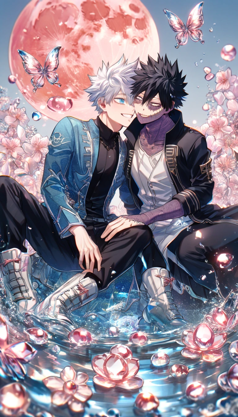 absurdres, highres, ultra detailed, HDR, master piece, best quality, extremely detailed face, delicated features, Dabi, black hair, expressive turquoise eyes, Boku No Hero Academia, Gojou Satoru, white hair, expressive blue eyes, white eyelashes, two sexy men together, gay couple, yaoi, handsome, smiling, blue jacket with fur, black T-shirt, black coat, black pants, white boots, full body, fantasy, magical, pink glass butterflies, pink glass flowers, water, pink glass blossoms, pink glass moon, crystal glass style